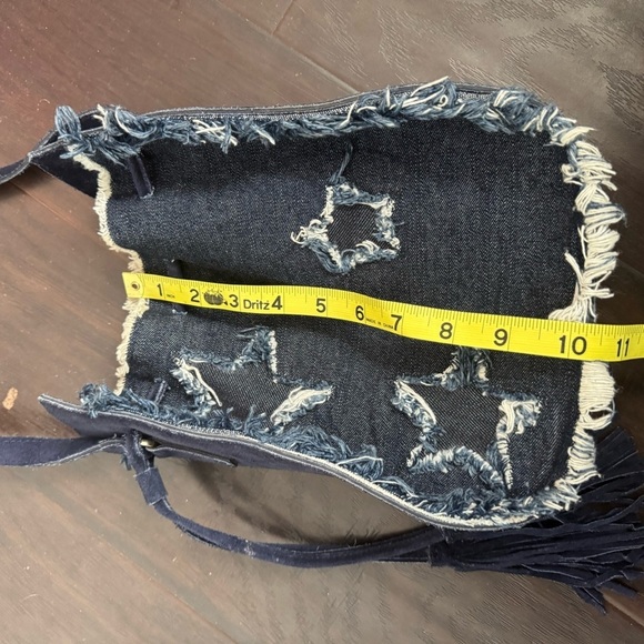 Denim & genuine leather Stylish Fringe Shoulder Bag y2k stars coastal cowgirl - Picture 6 of 7